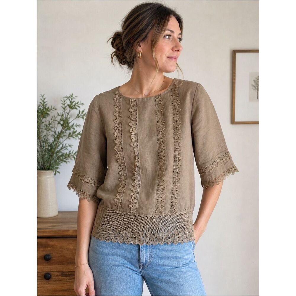 Vintage Cloak of Many Colors by Liberty & Lucretia Tan Linen Lace Trim Top